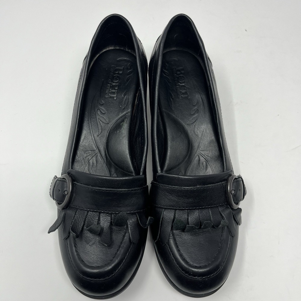 Born Lissette Black Leather Block Heel Tassel Buckle Loafers Women's Size 6.5